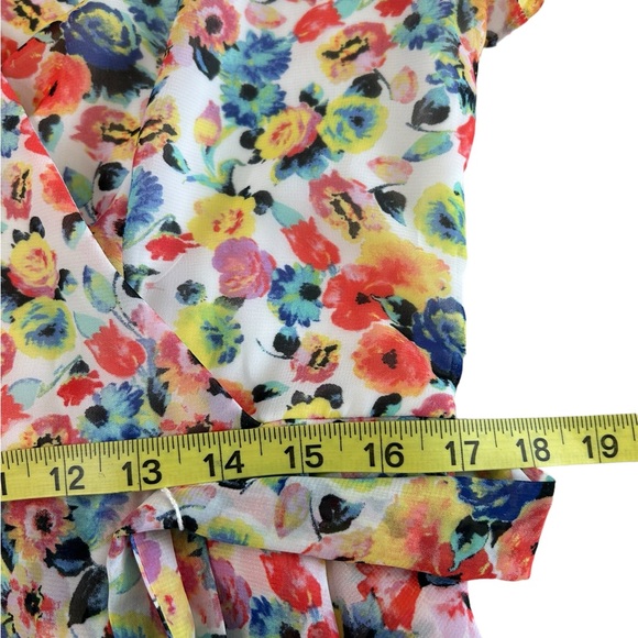 Tahari Arthur Levine Floral Faux Wrap Sheer Flutter Sleeve Tier Dress Size 12 - Picture 9 of 14